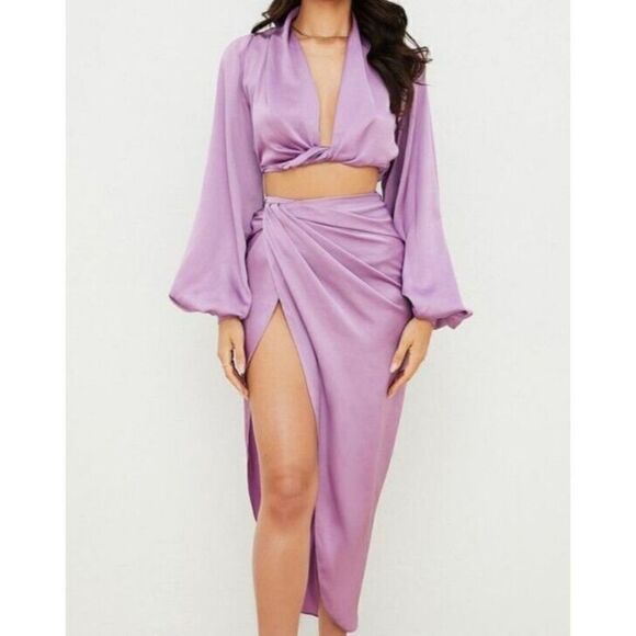 House of CB Skirt Small Lavender Purple Satin Constance Asymmetrical Split